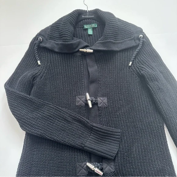 Ralph Lauren Black 100% Cotton Knit Shawl Collar Toggle Cardigan Women’s Sz Med - Picture 3 of 10